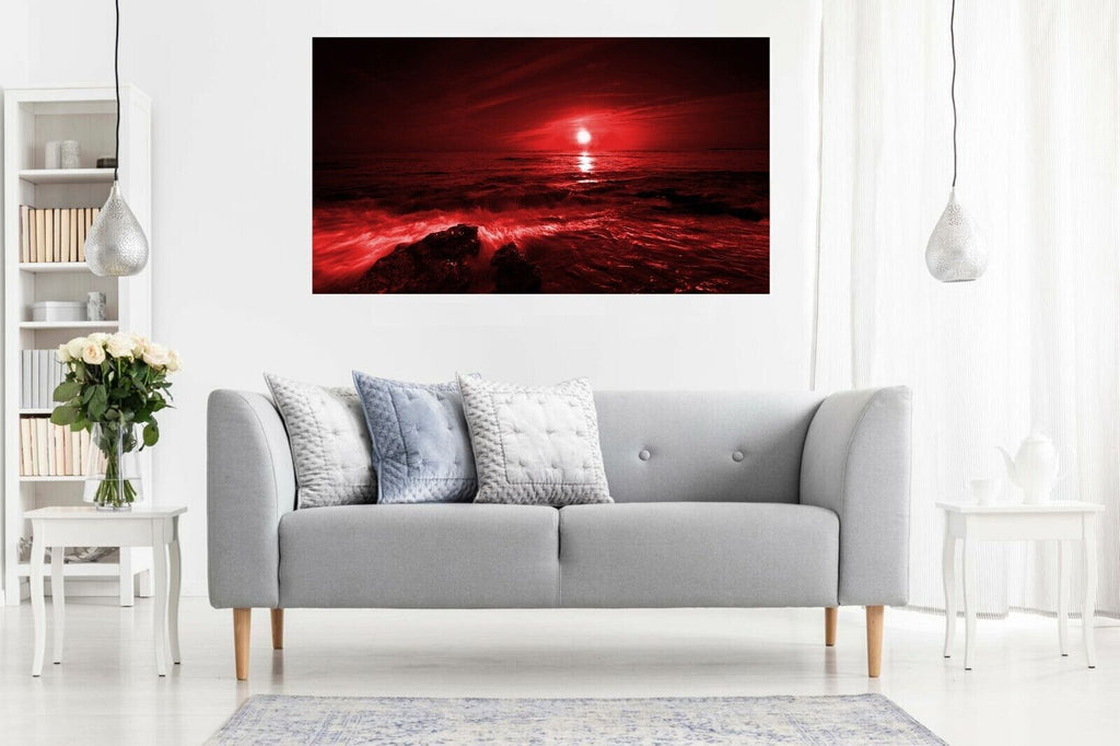 Sunset Over The Ocean seascape Red Canvas Wall Art Picture Print