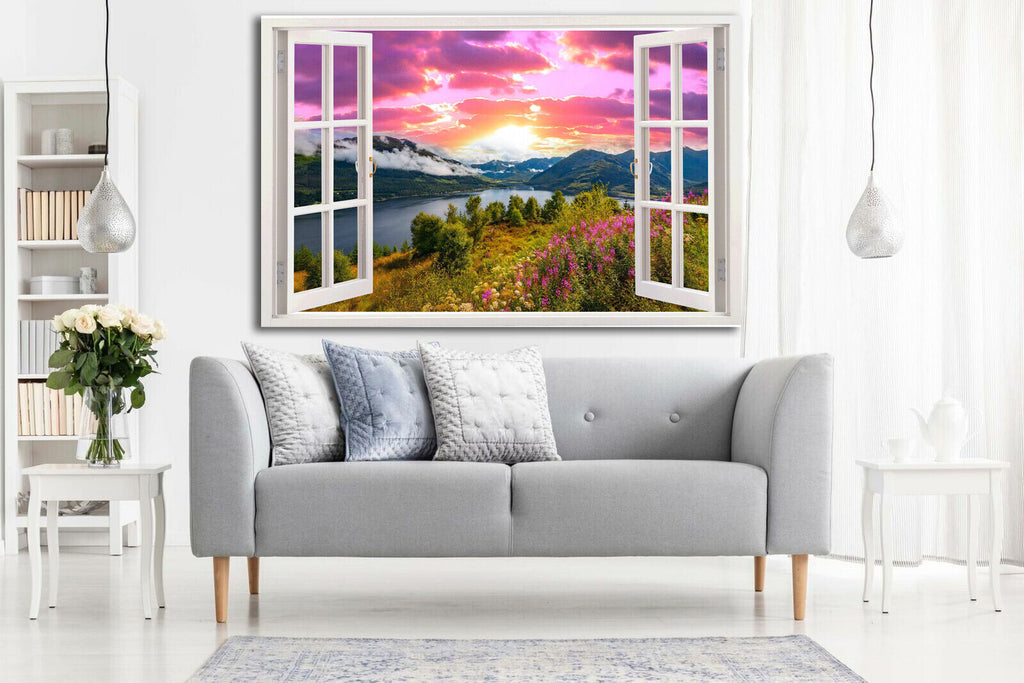 SCOTTISH LAKE SUNSET SCENE VIEW THROUGH WINDOW CANVAS WALL ART Picture Print