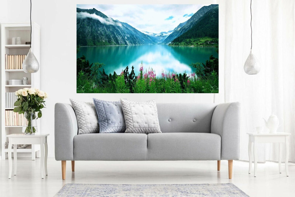 Lake Mountains Nature Landscape Premium Cotton Canvas Wall Art Picture Print