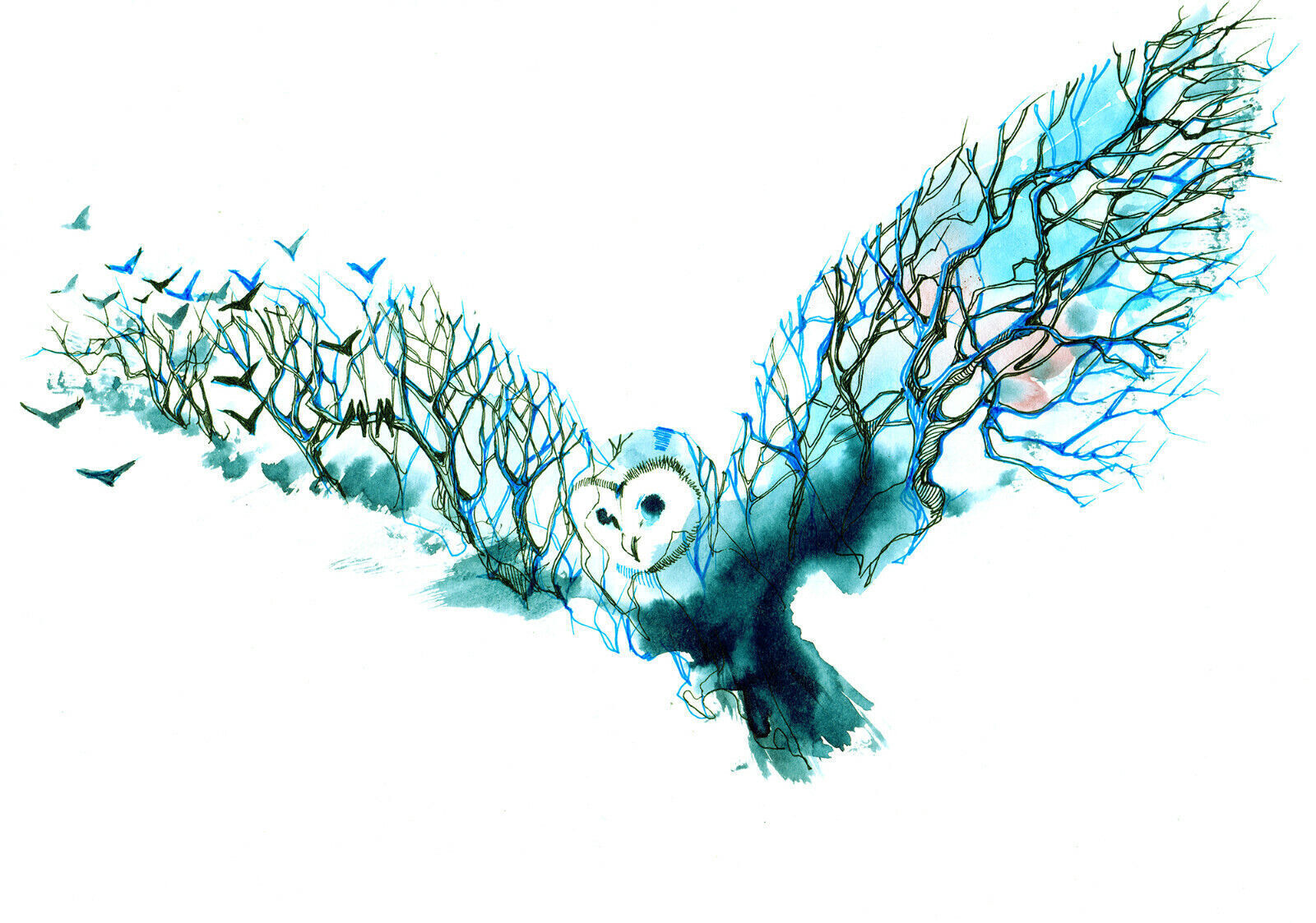 BLUE TONES WATERCOLOUR ABSTRACT OWL TREE CANVAS PRINT WALL ART PICTURE