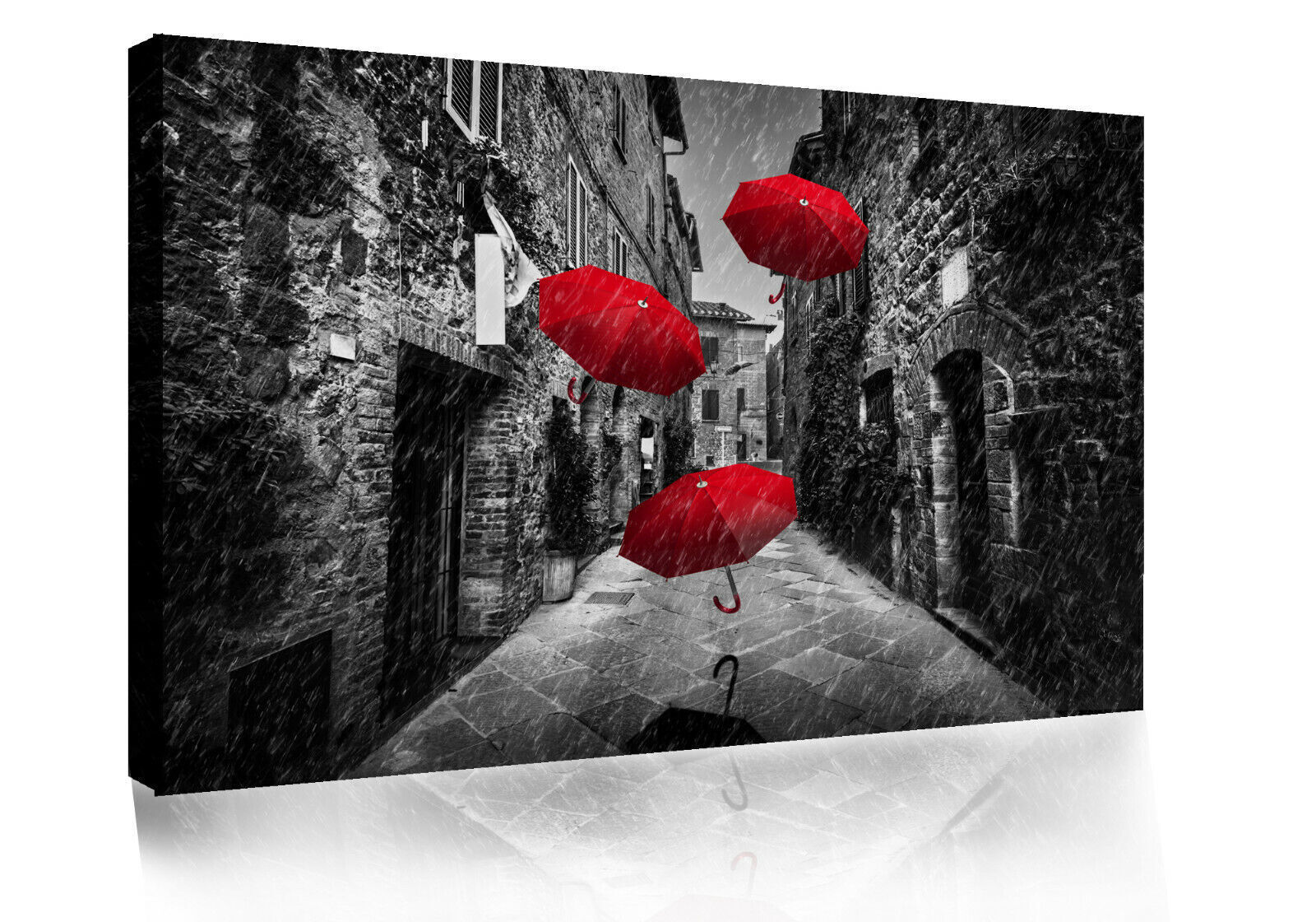 Flying red umbrellas in street in Tuscany Canvas Wall Art Picture Print