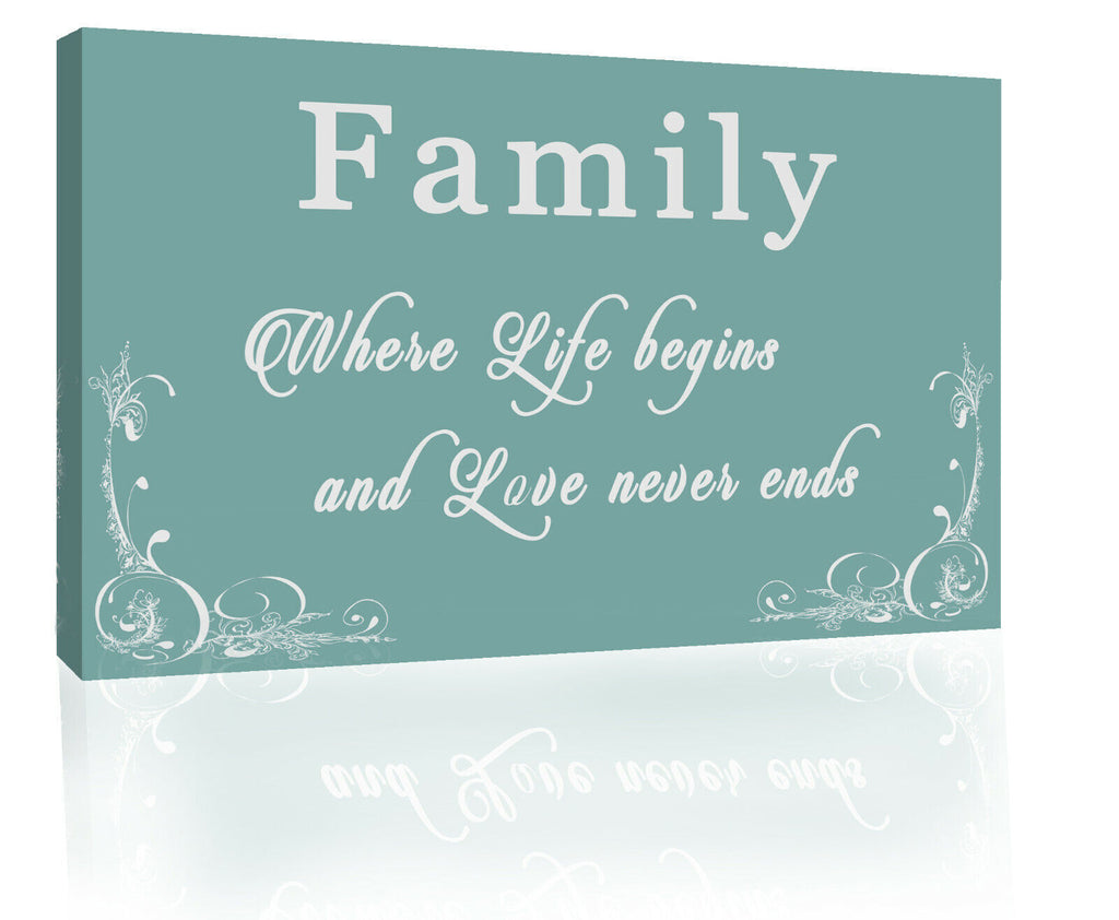 FAMILY QUOTE Where Life Begins - 2 - Duck Egg Blue Canvas Wall Art Picture Print