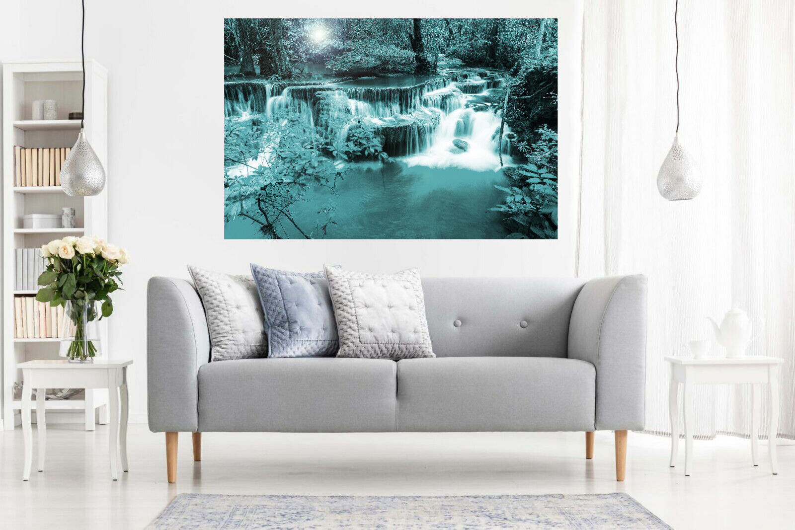 Duck Egg Blue Waterfall Trees Landscape Canvas Wall Art Picture Print