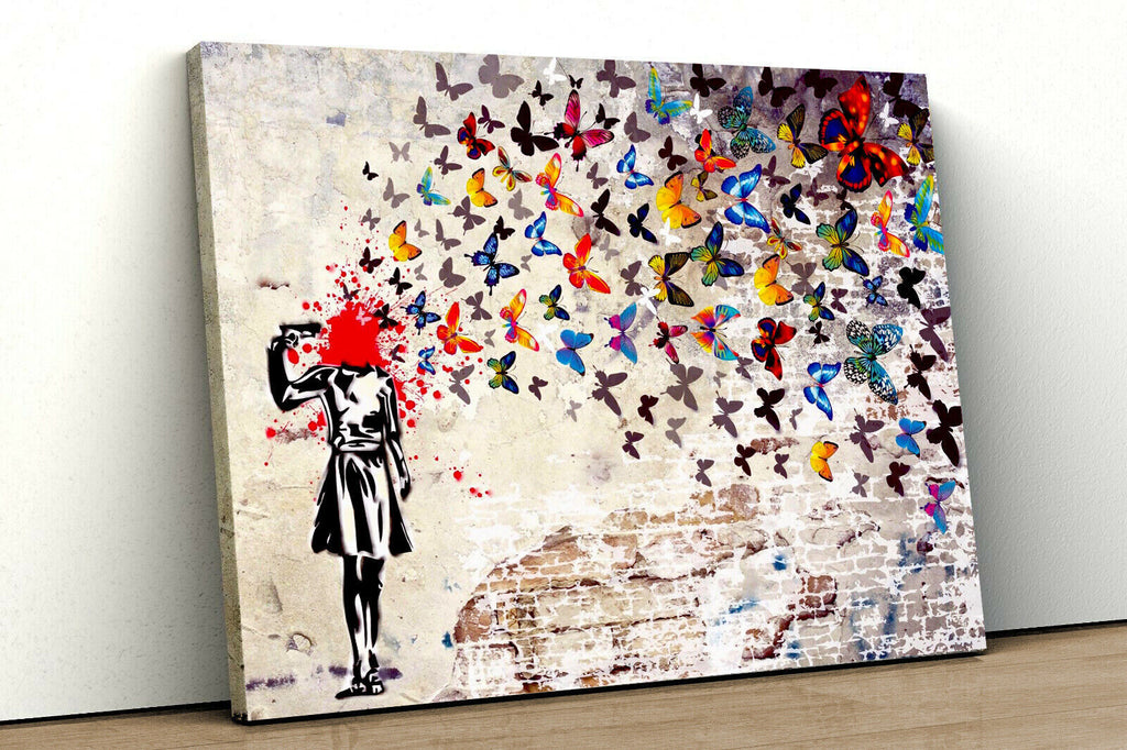 CANVAS WALL ART PRINT  GRAFFITI  BANKSY BUTTERFLY BRAINS GIRL