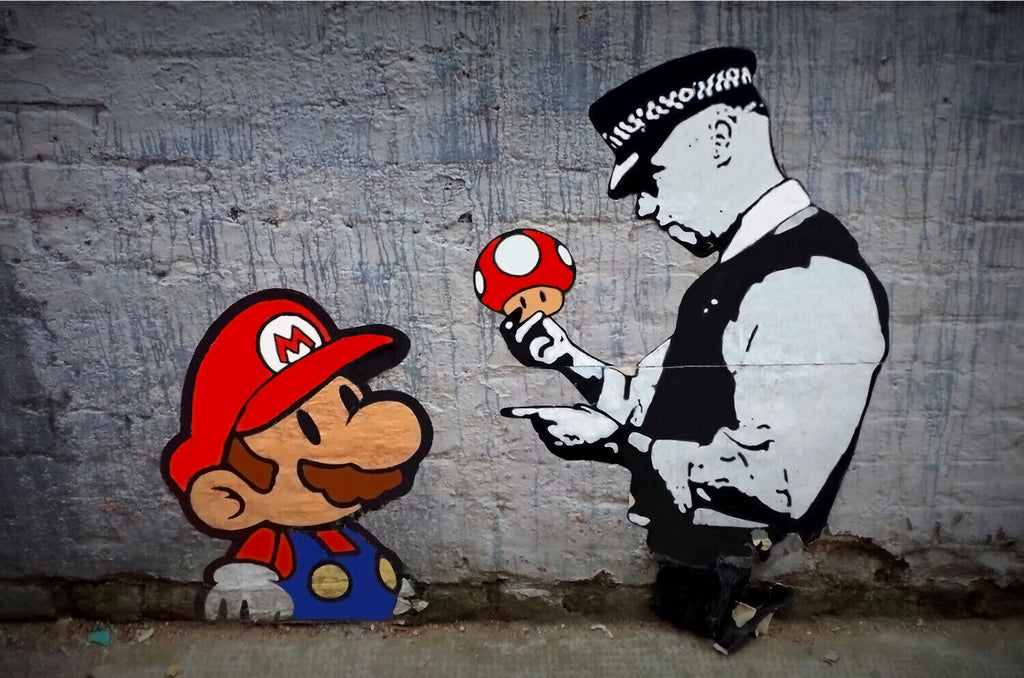 Banksy Mario with Policeman Graffiti Canvas Wall Art Picture Print