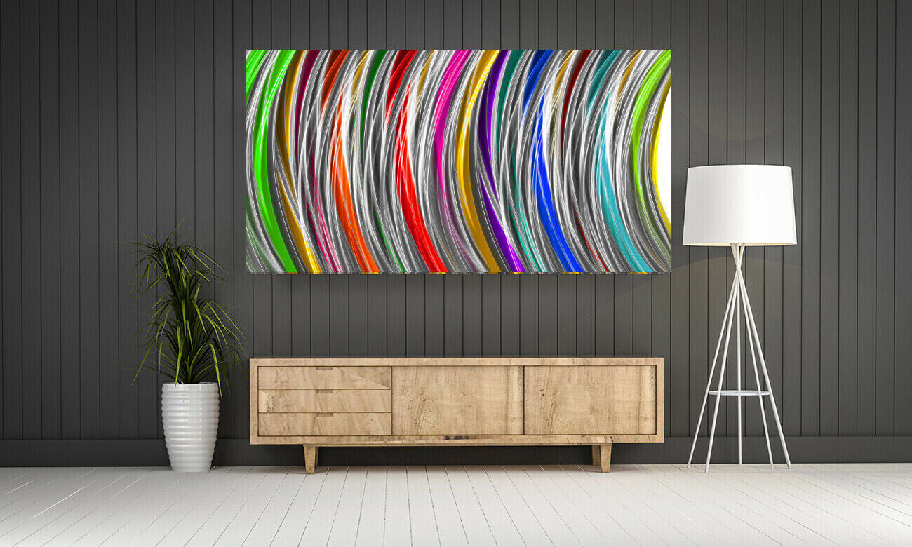 Grey Multi Coloured Stripes Modern Abstract Canvas Wall Art Picture Print