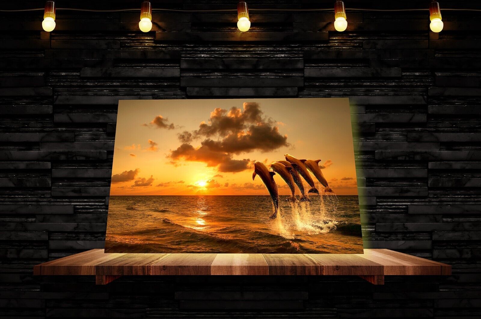 Yellow Sunset With Dolphins Jumping in Sea Canvas Wall Art Picture Print