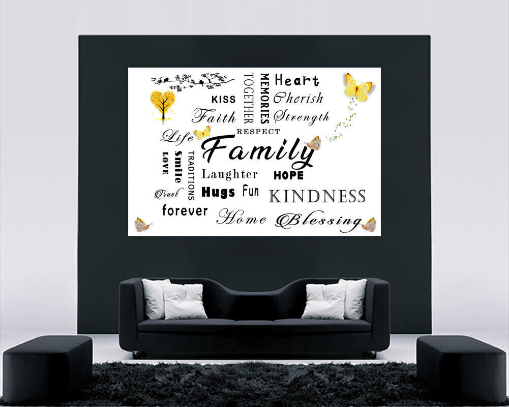 FAMILY QUOTE WORDS YELLOW / MUSTARD BUTTERFLY CANVAS WALL ART Picture Print