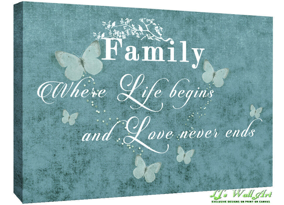FAMILY QUOTE Where Life Begins - Duck Egg Blue Canvas Wall Art Picture Print