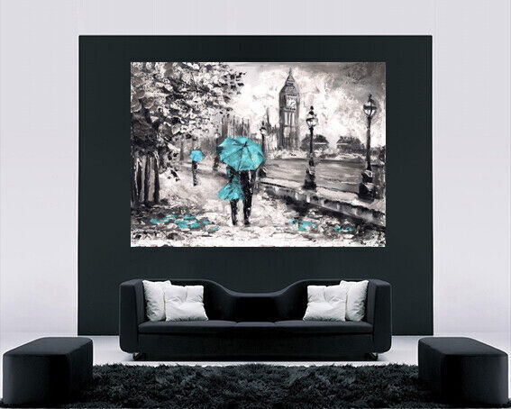 Big Ben London Street View Painting Duck Egg Blue Canvas Wall Art Picture Print