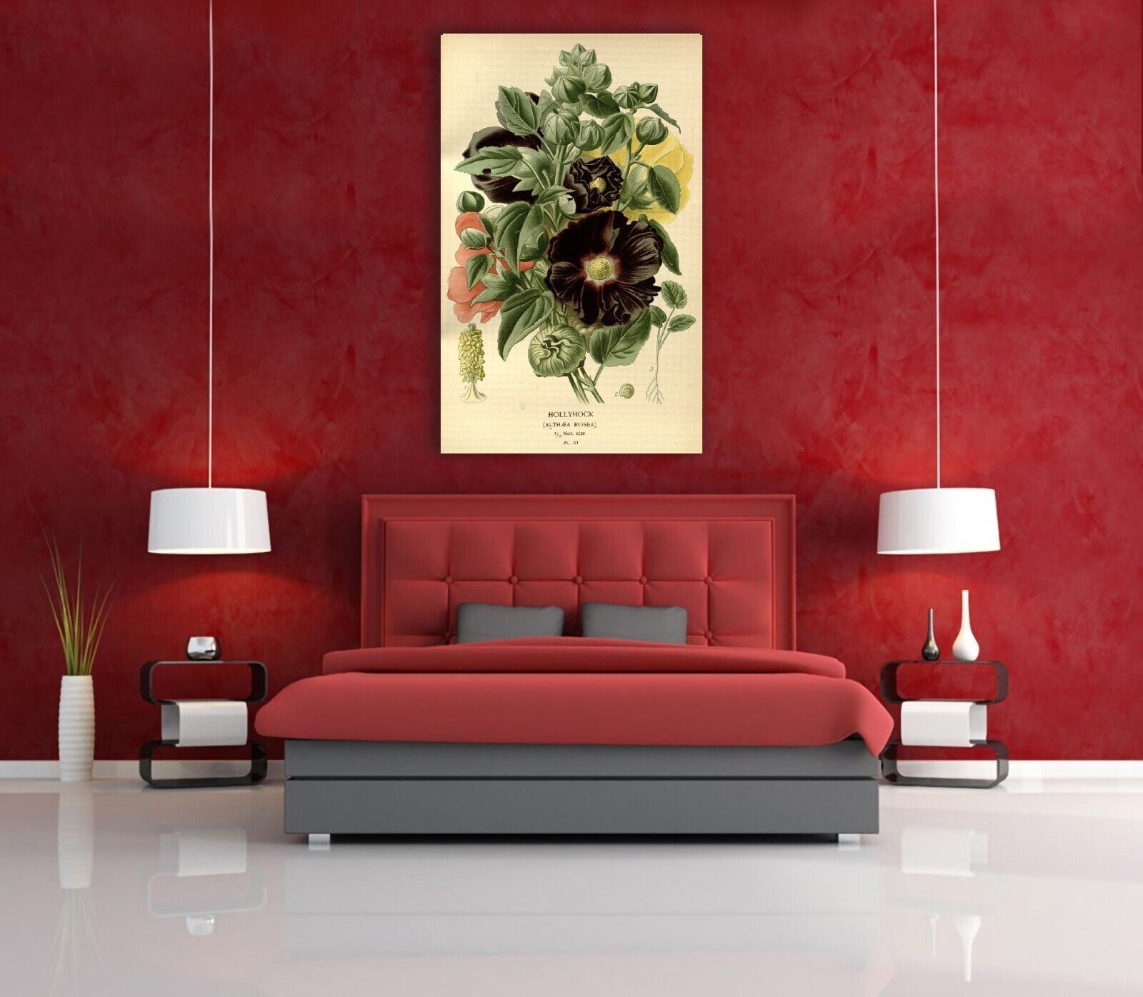 Vintage Hollyhock Floral Flowers Illustration CANVAS WALL ART Picture Print