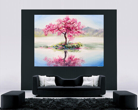 Japanese Oriental Cherry Tree on Lake Painting Canvas Wall Art Picture Print
