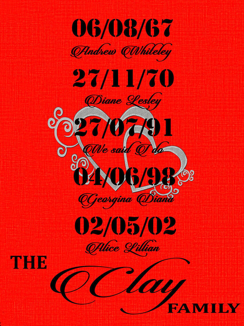 Your Personal Dates Names on Canvas Wall Art  Picture Print Red - Any colour