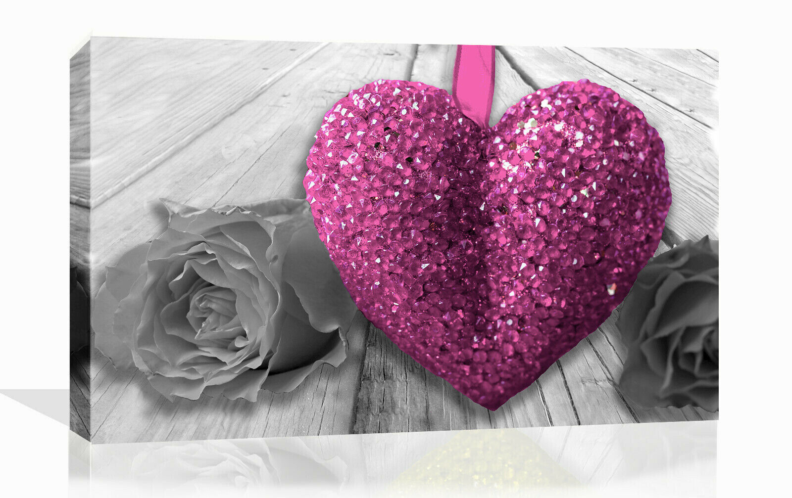 Pink Heart & Rose Flower on grey wood Canvas Wall Art Picture Print
