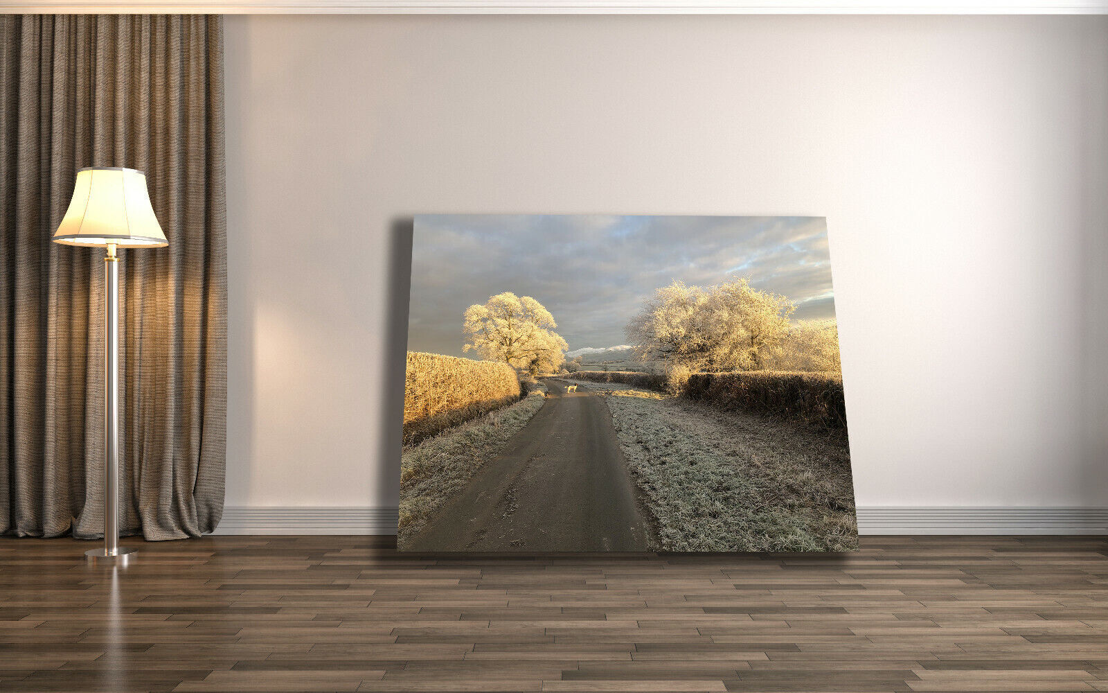 Dog on Cold Winters Lane Landscape Canvas Wall Art Picture Print