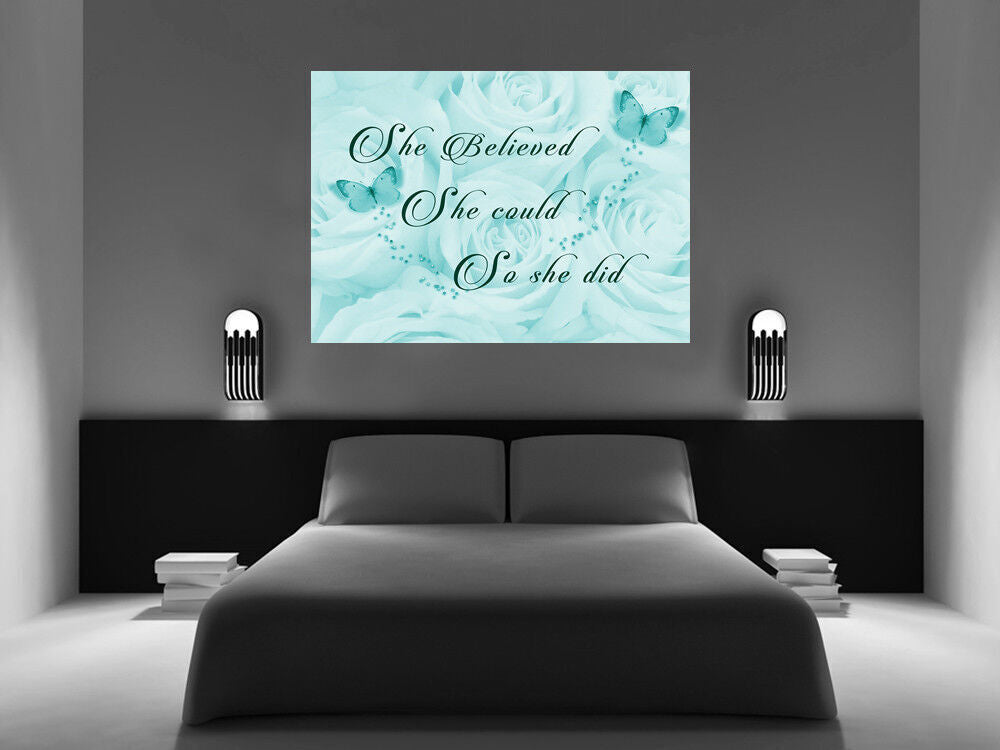 'She Believed She Could' Quote Canvas Wall Art Picture Print Duck Egg Blue