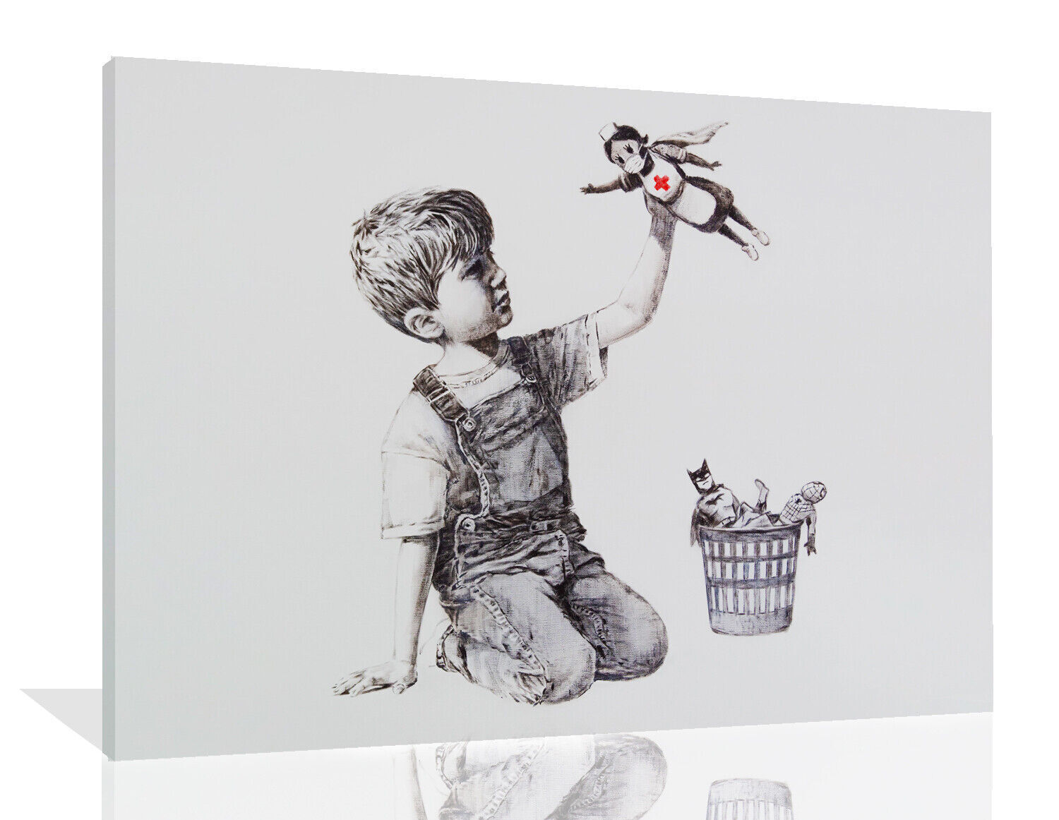 BANKSY NHS HEROES CANVAS WALL ART GRAFFITI PRINT - BLACK AND WHITE PICTURE