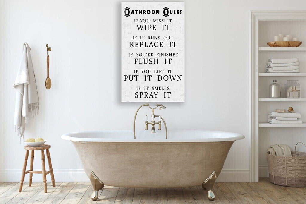 Black, White & Grey Bathroom Rules Quote CANVAS WALL ART Picture Print