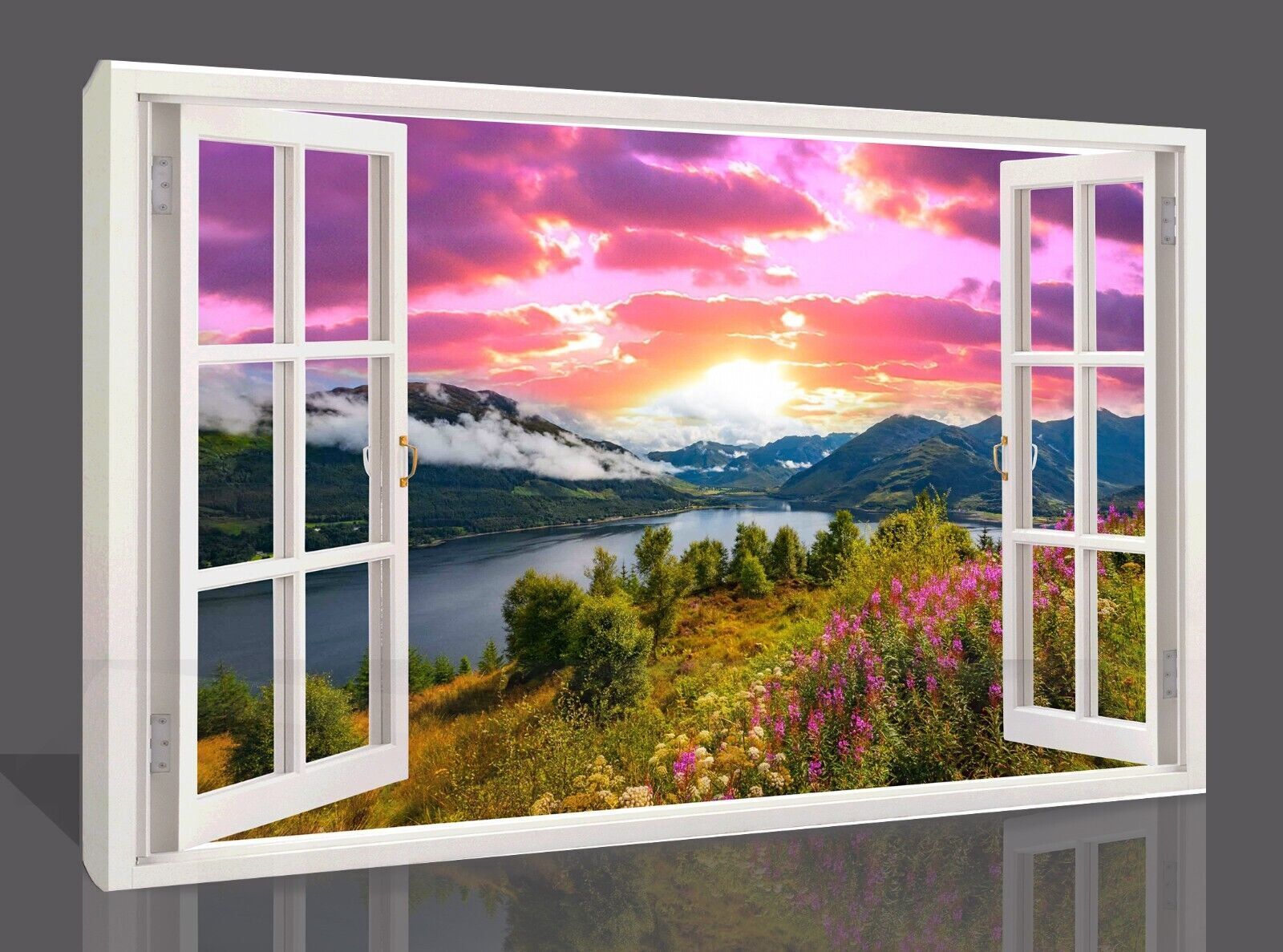 SCOTTISH LAKE SUNSET SCENE VIEW THROUGH WINDOW CANVAS WALL ART Picture Print