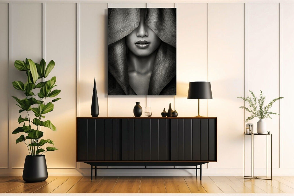 Black & White Mysterious Woman Face Hidden CANVAS WALL ART Picture Print