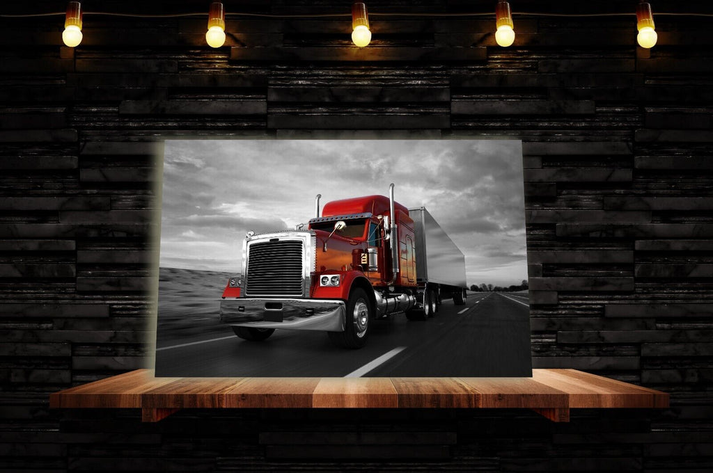 Red Black White Truck on Road Canvas Wall Art Picture Print