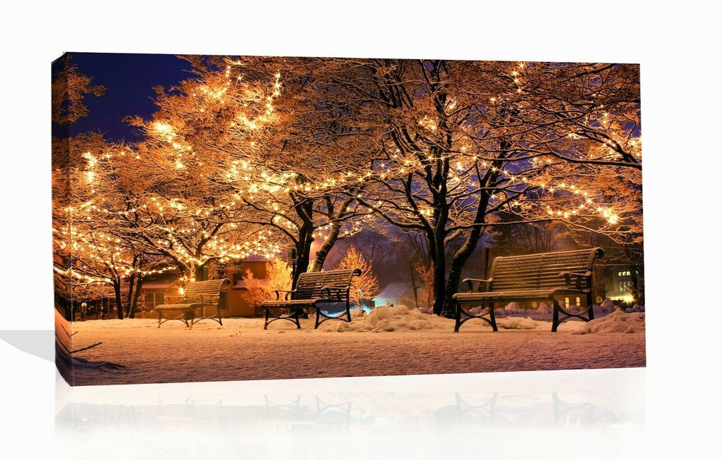 Snow Winter Lit up park Christmas night Landscape Canvas Wall Art Picture Print