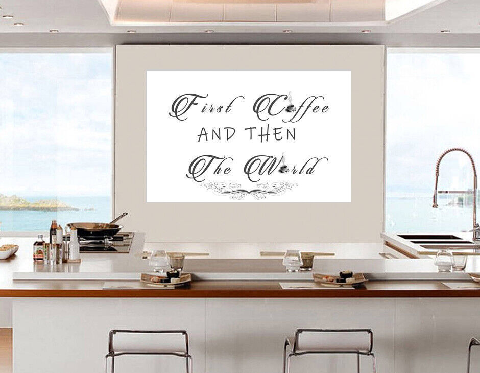 First coffee then the world Quote Black & white Kichen Canvas Wall Art Picture