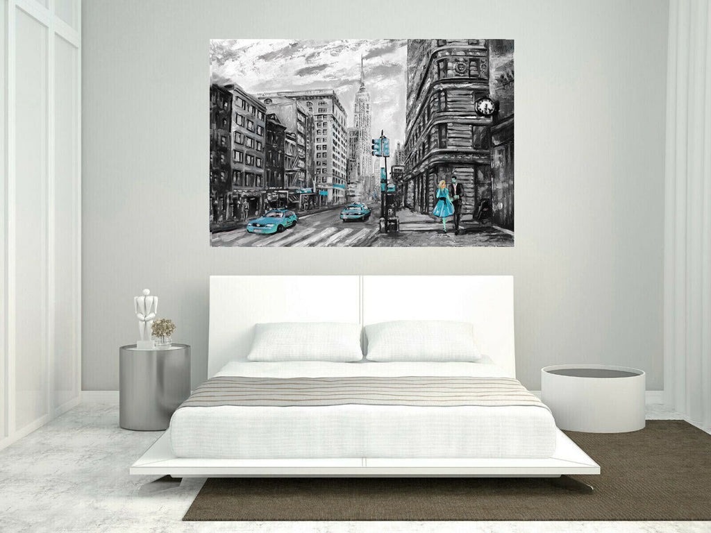 New York City Umbrella Canvas Wall Art Picture Print Oil Painting Duck Egg Blue