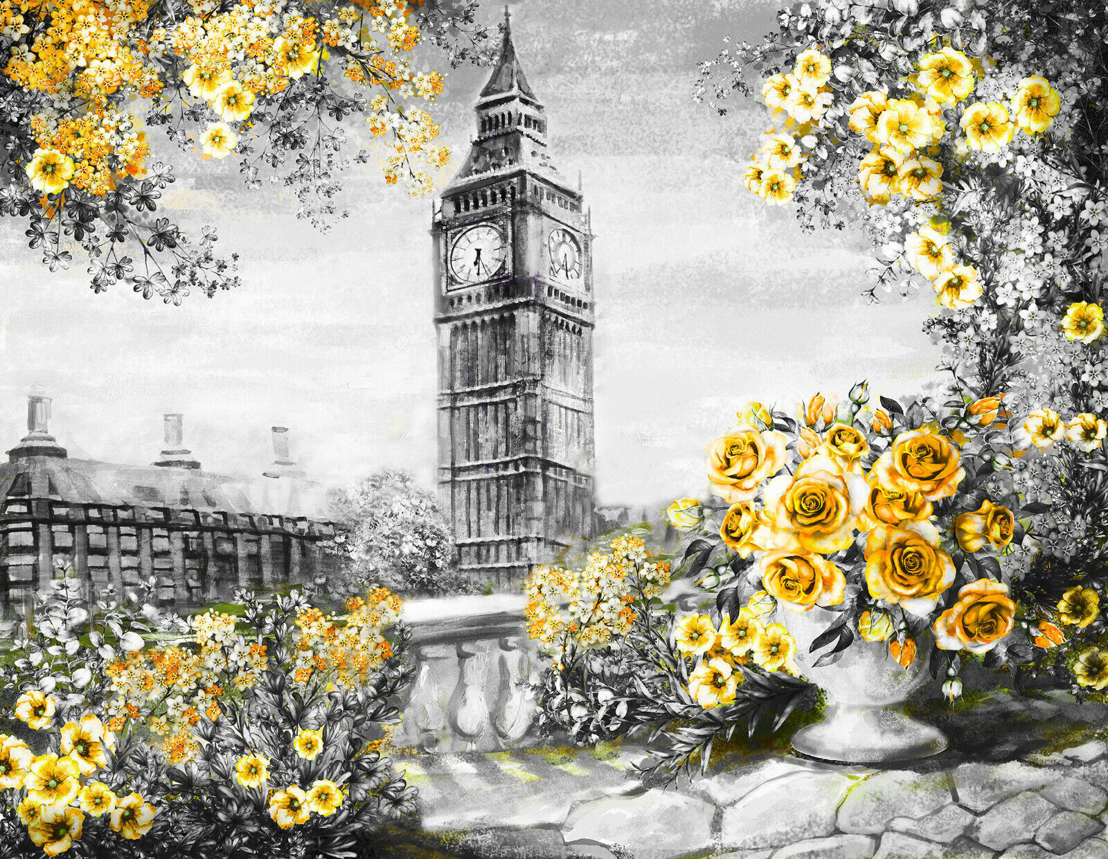 Yellow Summer In London Floral Canvas Wall Art Picture Print