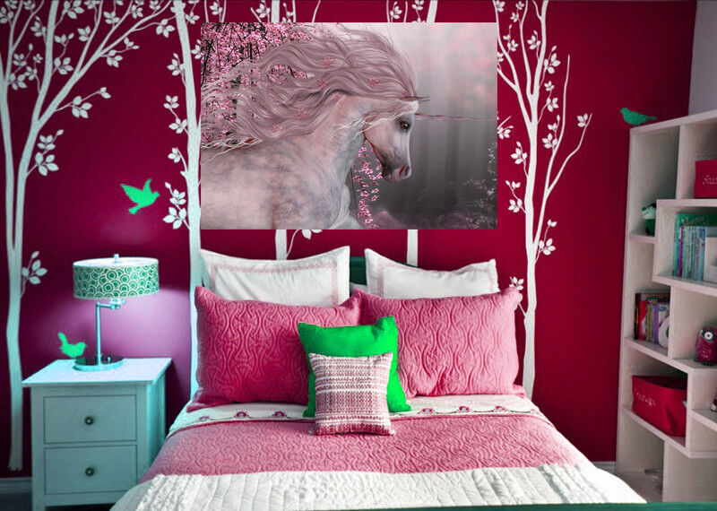 Pink Floral Unicorn Forest Animal CANVAS WALL ART Picture Print A4 All sizes