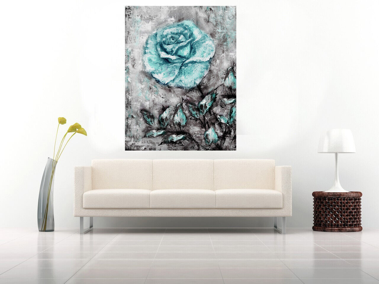 Duck Egg Blue Rose Flower Oil Painting Canvas Wall Art Picture Print