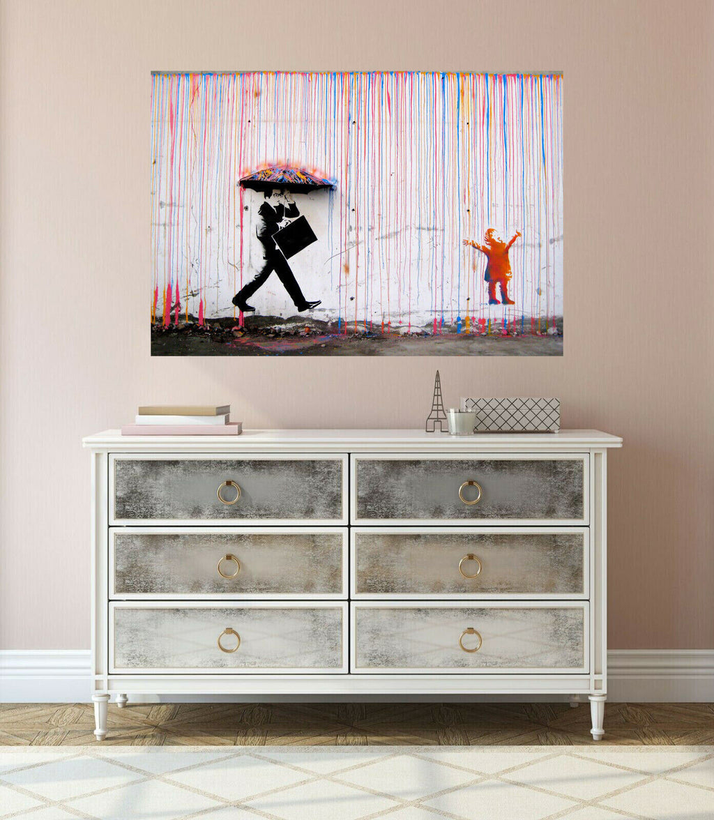 BANKSY COLOURED RAIN CANVAS WALL ART PICTURE PRINT