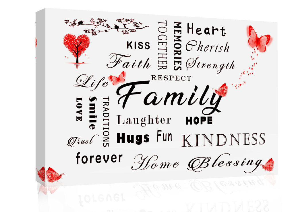 FAMILY QUOTE WORDS RED BUTTERFLY CANVAS WALL ART Picture Print