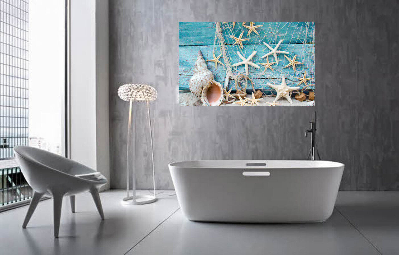 Blue Maritime Sea Creatures Bathroom Canvas Wall Art Picture Print