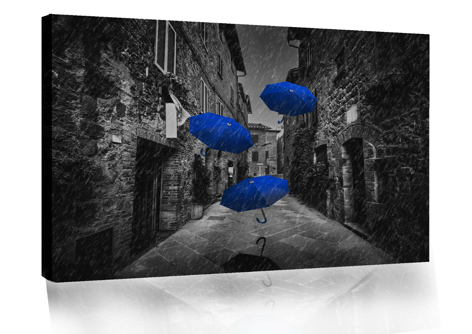 Flying black blue umbrellas in street in Tuscany Canvas Wall Art Picture Print