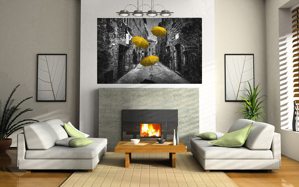 Flying yellow umbrellas in street in Tuscany Canvas Wall Art Picture Print