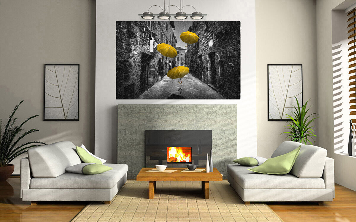 Flying yellow umbrellas in street in Tuscany Canvas Wall Art Picture Print