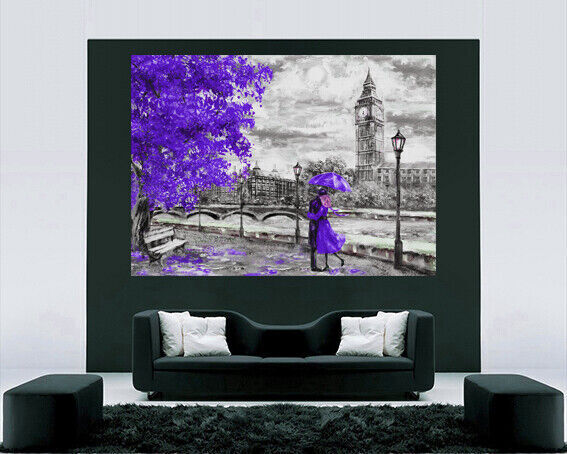 London Oil Painting  Big Ben Purple Umbrella Canvas Wall Art Picture Print