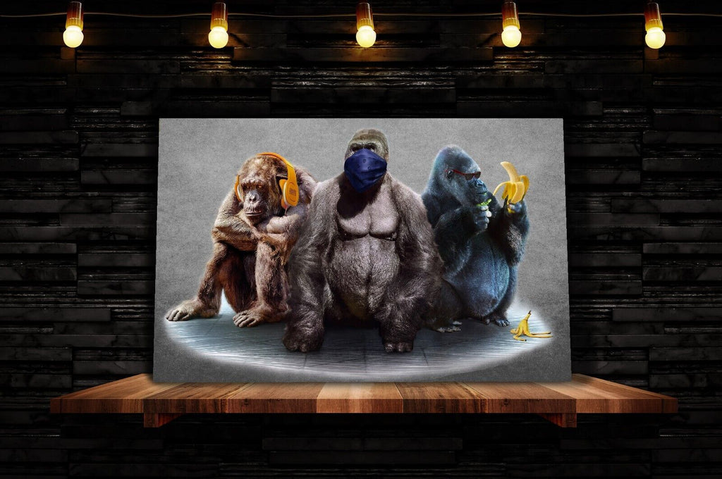 Grey 3 Modern Wise Gorillas Abstract Canvas Wall Art Picture Print