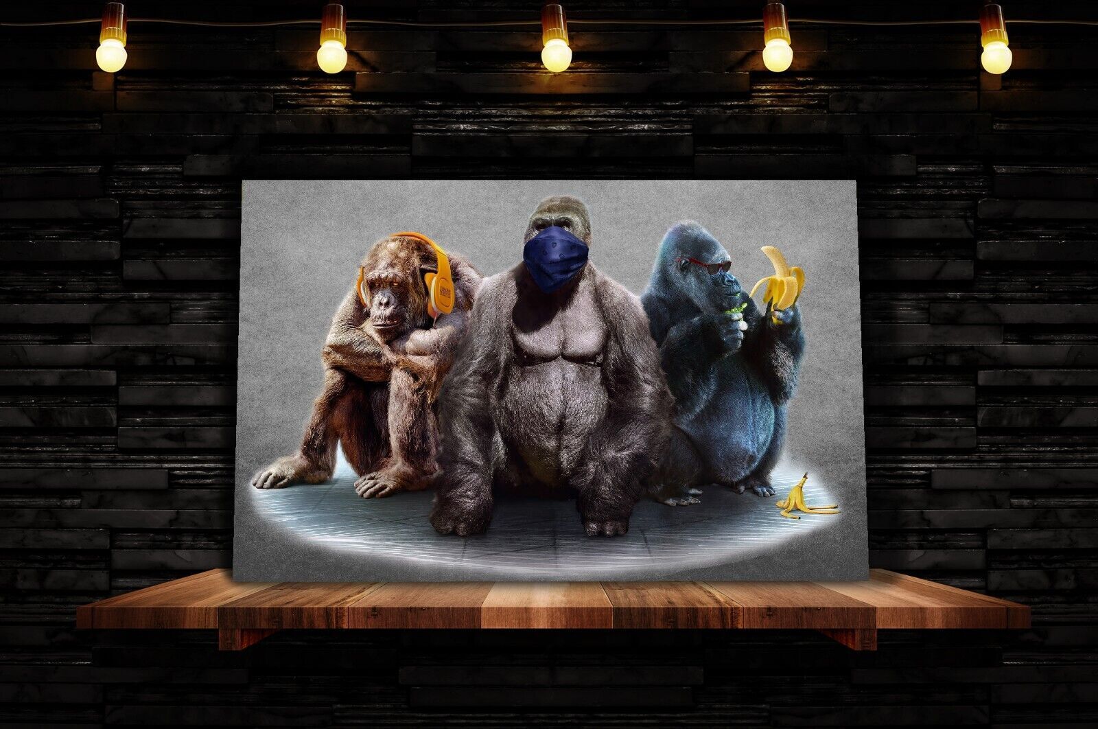 Grey 3 Modern Wise Gorillas Abstract Canvas Wall Art Picture Print