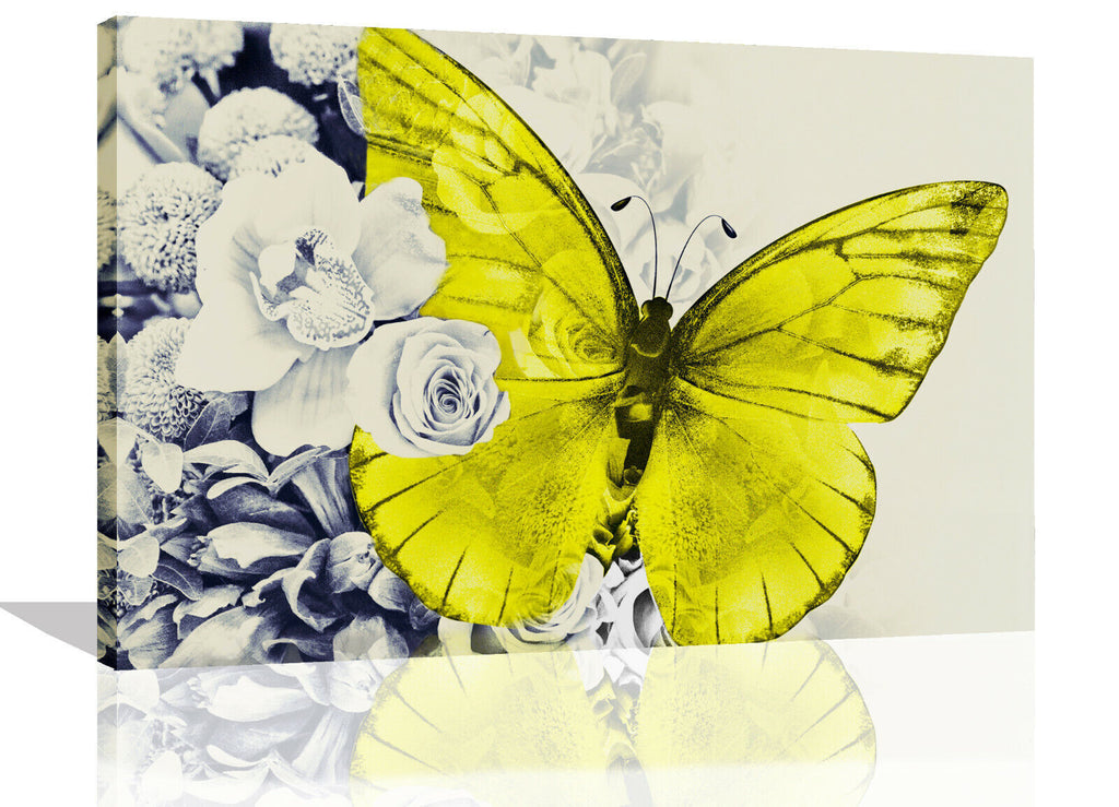 Yelllow butterfly on floral abstract background Canvas Wall Art Picture Print
