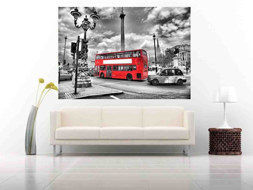 London Canvas Print Black & White Red Bus Landscape Canvas Wall Art Picture