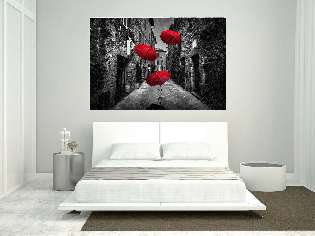 Flying red umbrellas in street in Tuscany Canvas Wall Art Picture Print