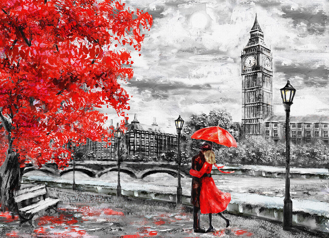 London Oil Painting Big Ben Red Umbrella Canvas Wall Art Picture Print