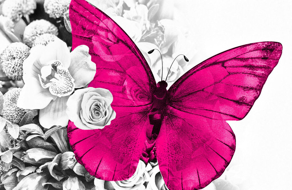 Pink butterfly on grey floral abstract background Canvas Wall Art Print
