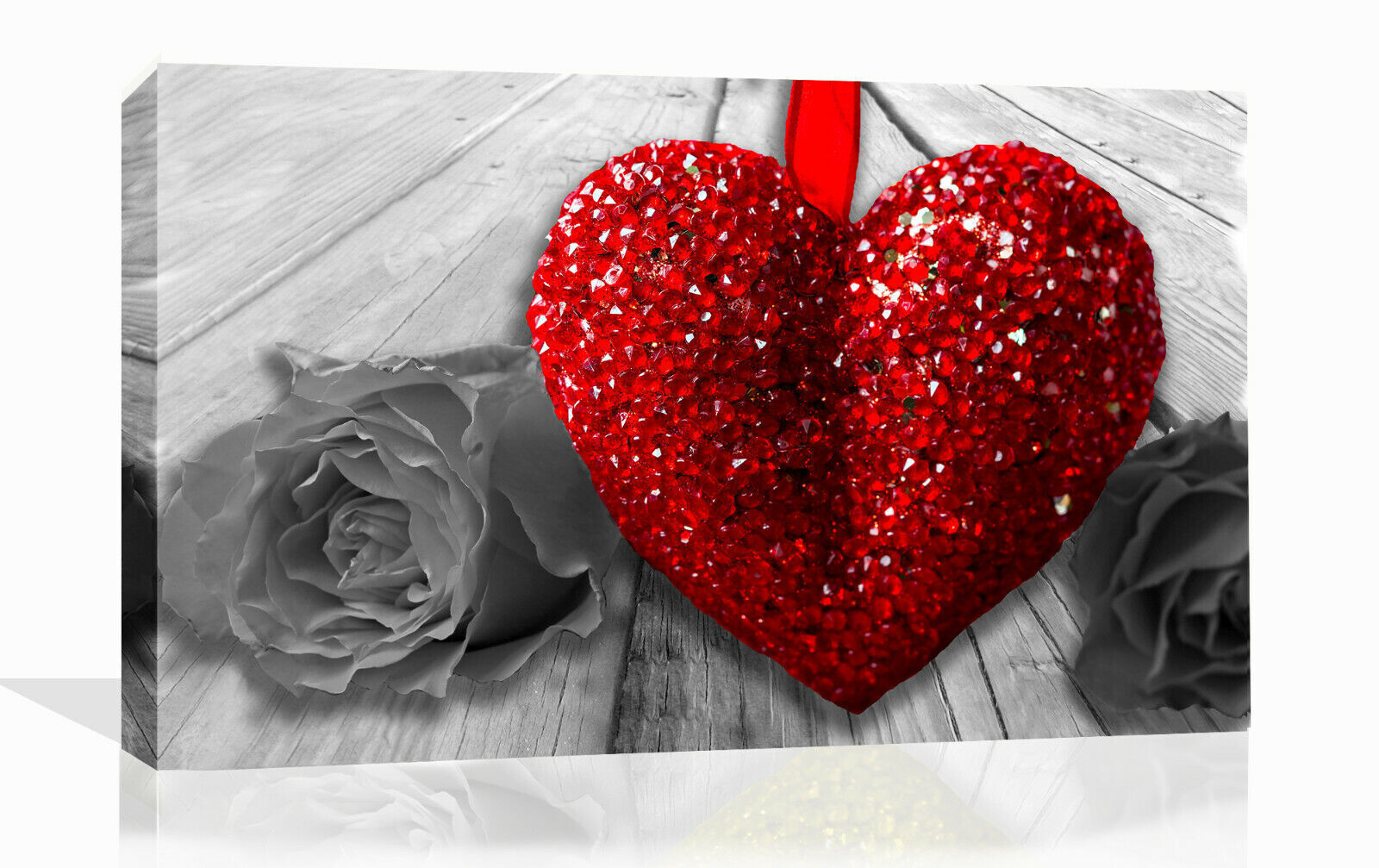 Red Heart & Rose Flower on grey wood Canvas Wall Art Picture Print