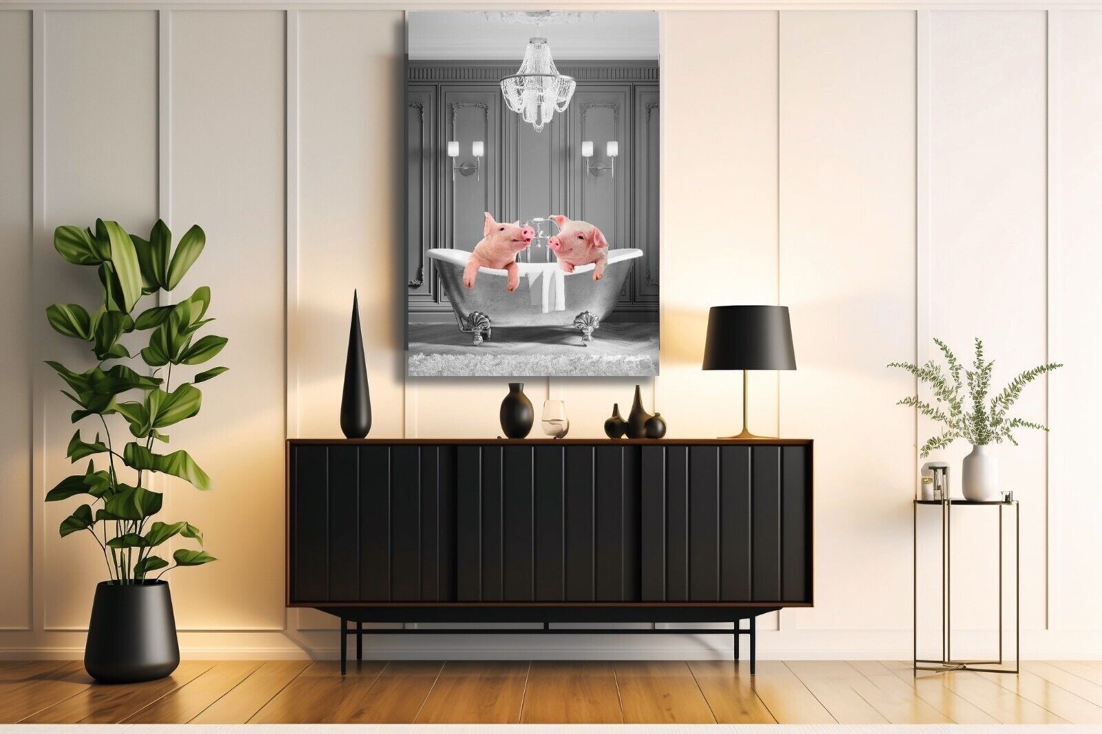 Animal Piglets Pigs bathing in bathtub Canvas Wall Art Picture Print