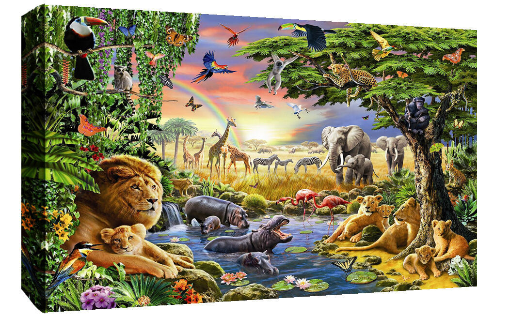 Colourful Animals Wildlife in Jungle Canvas Wall Art Picture Print Various Sizes