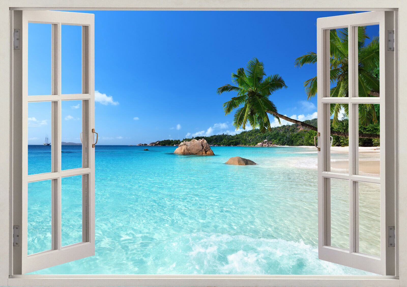 Tropical Beach Landscape View 3D Window Canvas Wall Art Picture Print - 2