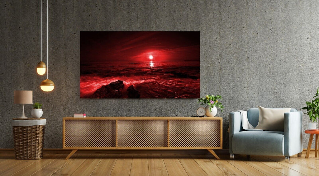 Sunset Over The Ocean seascape Red Canvas Wall Art Picture Print